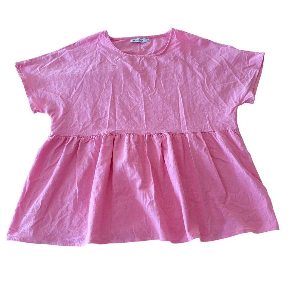 Misslook Pink 100% Linen Babydoll Peplum Top Short Sleeve XL Lagenlook